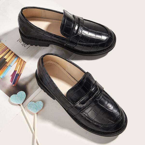 

Boys Croc Embossed Flat Loafers, Black