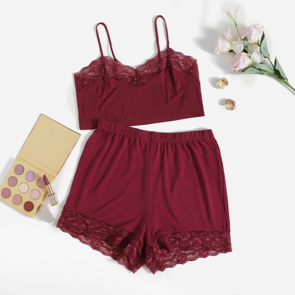 

Lace Detail Crop Cami Top & Shorts PJ Set, Maroon