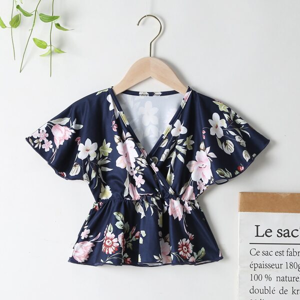 

Toddler Girls Floral Print Surplice Ruffle Hem Blouse, Navy blue