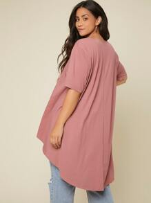 SHEIN LUNE Áo thun Plus size Cao thấp màu trơn Giải trí - Màu hồng gỉ - Xem 2