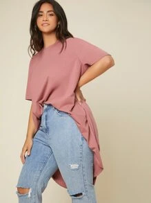 SHEIN LUNE Áo thun Plus size Cao thấp màu trơn Giải trí - Màu hồng gỉ - Xem 3