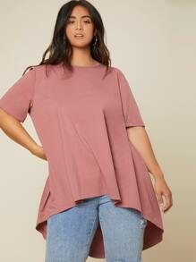 SHEIN LUNE Áo thun Plus size Cao thấp màu trơn Giải trí - Màu hồng gỉ - Xem 4