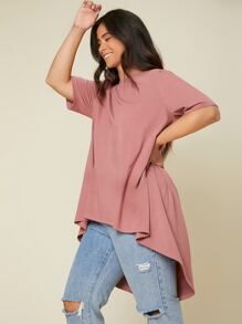SHEIN LUNE Áo thun Plus size Cao thấp màu trơn Giải trí - Màu hồng gỉ - Xem 5