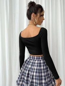 SHEIN Unity Solid Color Sweetheart Collar Long Sleeve Short Bowknot Hollow Out Fashion T-Shirt - Black - View 2