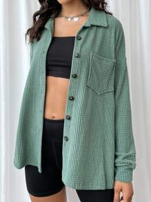 SHEIN EZwear Bolso Frente do botão Simples ocasional Blusa - Menta verde - Ver 3