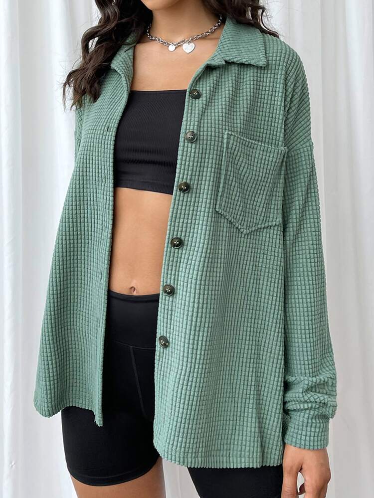 SHEIN EZwear 口袋貼布落肩袖前紐扣襯衫 - 薄荷綠 - 查看 3