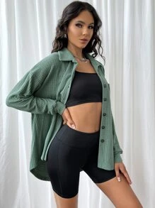 SHEIN EZwear Bolso Frente do botão Simples ocasional Blusa - Menta verde - Ver 4