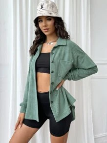 SHEIN EZwear Bolso Frente do botão Simples ocasional Blusa - Menta verde - Ver 5