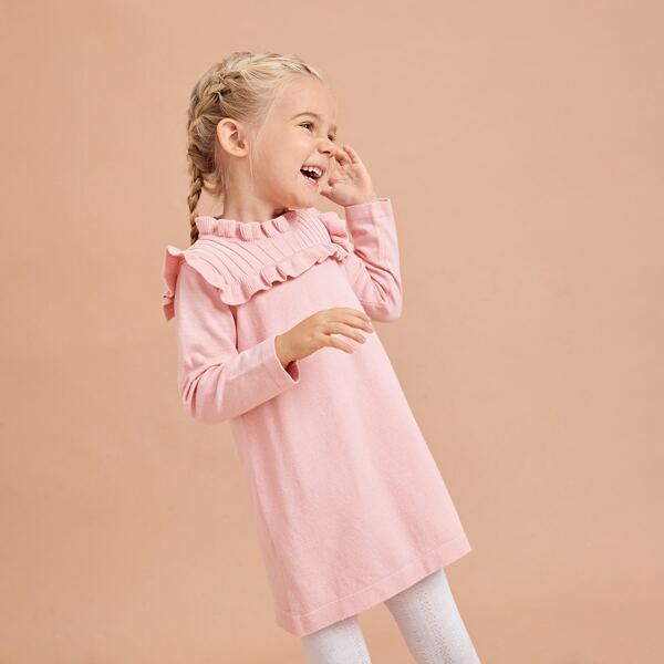 

Toddler Girls Frill Trim Sweater Dress, Baby pink