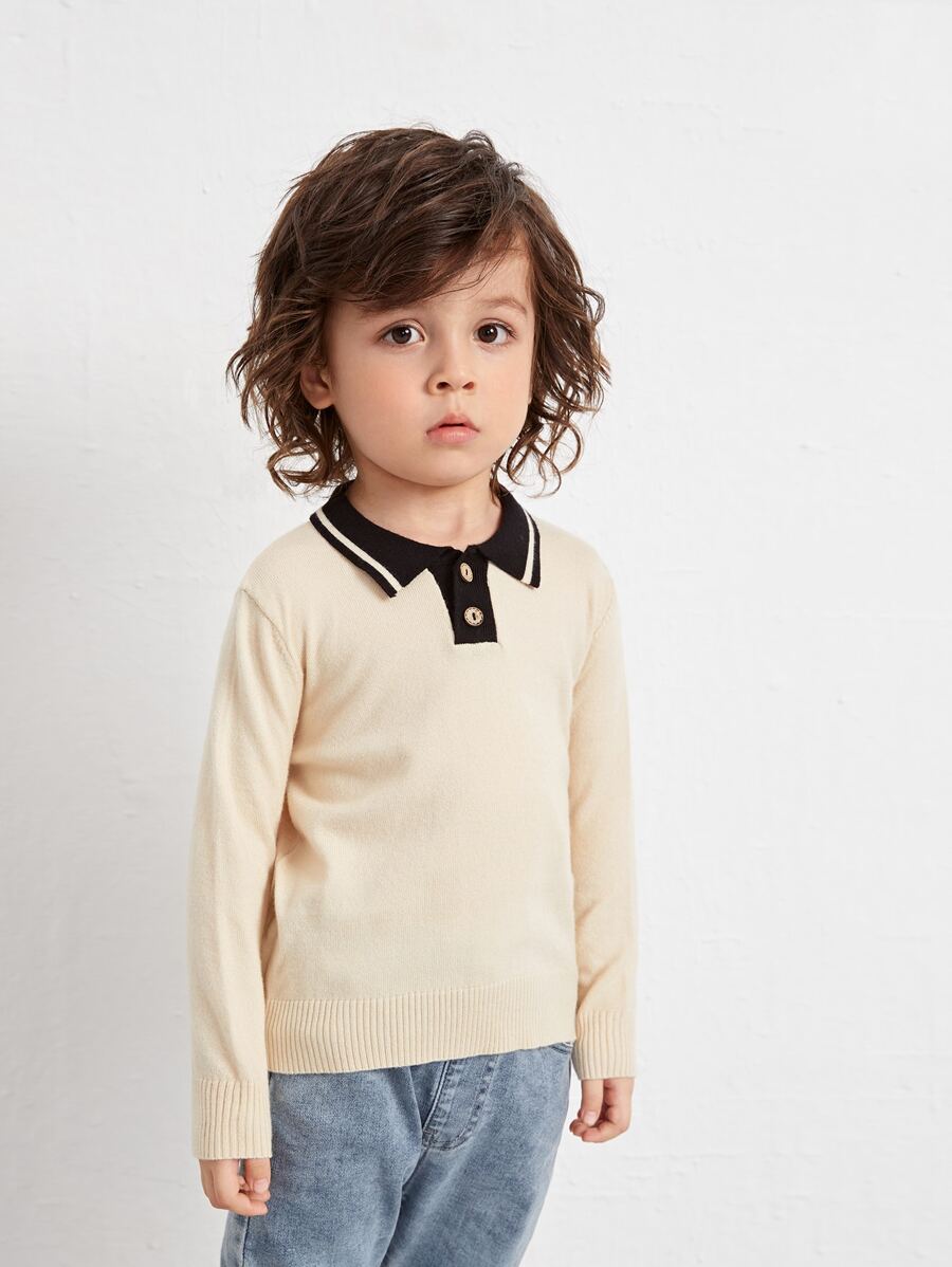 SHEIN 小男童POLO領套頭毛衣 - 卡其色 - 查看 1