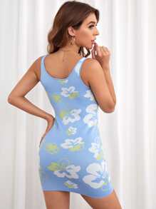 SHEIN Unity Floral Pattern Bodycon Knit Dress - Baby Blue - View 2