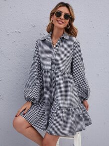 SHEIN LUNE Gingham Bishop Sleeve Ruffle Hem Smock Dress - Black and White - View 1