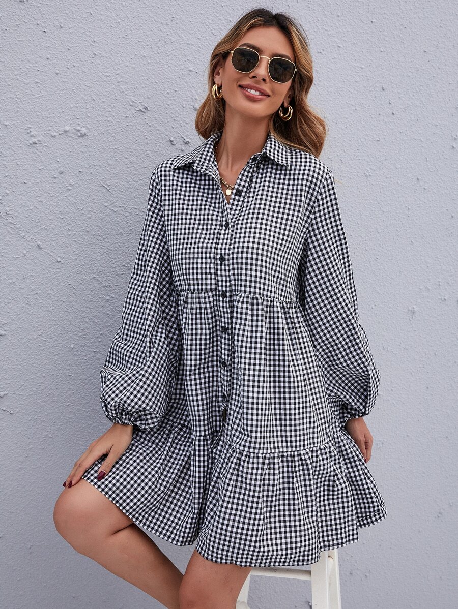 SHEIN LUNE Gingham Bishop Sleeve Ruffle Hem Smock Dress - Black and White - View 1