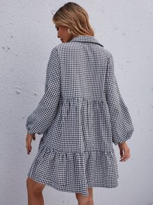 SHEIN LUNE Gingham Bishop Sleeve Ruffle Hem Smock Dress - Black and White - View 2
