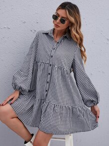 SHEIN LUNE Gingham Bishop Sleeve Ruffle Hem Smock Dress - Black and White - View 3