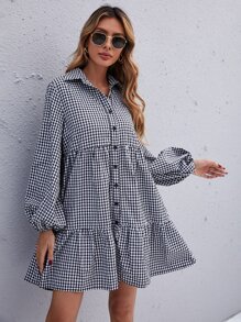 SHEIN LUNE Gingham Bishop Sleeve Ruffle Hem Smock Dress - Black and White - View 4