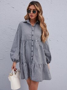 SHEIN LUNE Gingham Bishop Sleeve Ruffle Hem Smock Dress - Black and White - View 5
