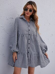 SHEIN LUNE Gingham Bishop Sleeve Ruffle Hem Smock Dress - Black and White - View 6