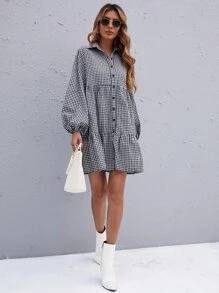 SHEIN LUNE Gingham Bishop Sleeve Ruffle Hem Smock Dress - Black and White - View 7