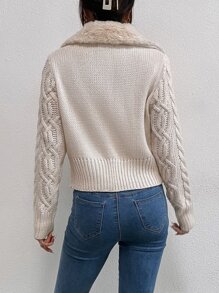SHEIN Unity Cable Knit Teddy Collar Cardigan - Beige - View 3