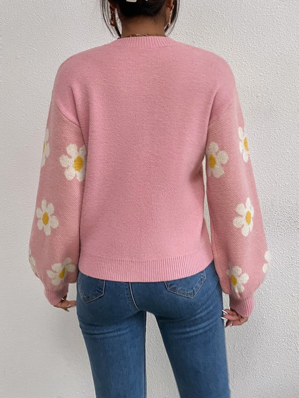 Floral Pattern Drop Shoulder Sweater Knit Pullover Fall Winter