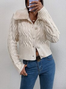SHEIN Unity Cable Knit Teddy Collar Cardigan - Beige - View 5
