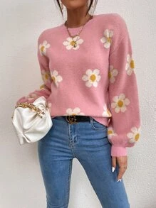 Chiquease Floral Pattern Drop Shoulder Jumper - Baby Pink - View 5