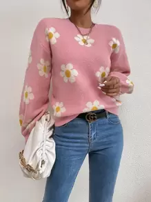 Chiquease Floral Pattern Drop Shoulder Jumper - Baby Pink - View 6
