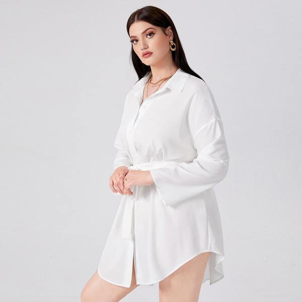 

Plus Drop Shoulder Belted Shirt Dress, White