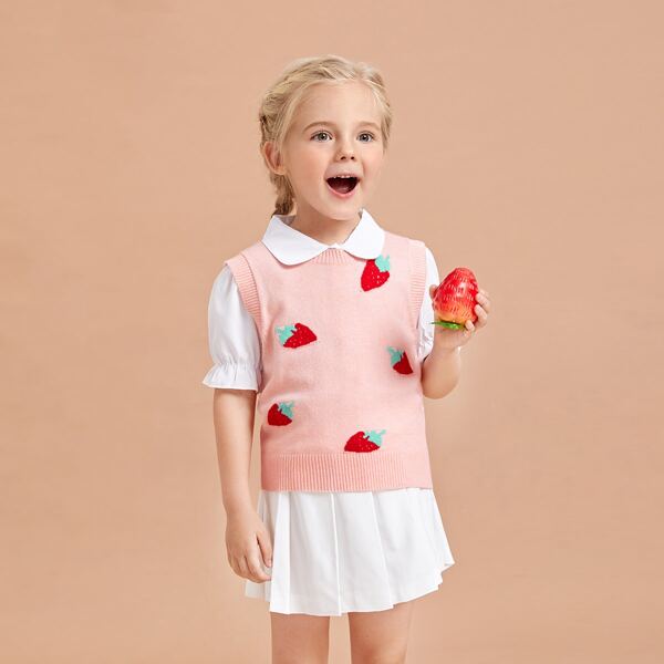

Toddler Girls Strawberry Pattern Sweater Vest Without Blouse, Baby pink