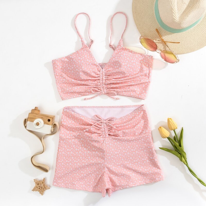 

Ditsy Floral Drawstring Front Bikini Swimsuit, Pink