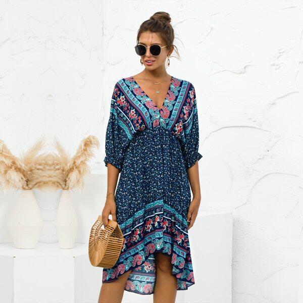 

Floral And Paisley Print Batwing Sleeve High Low Dress, Multicolor