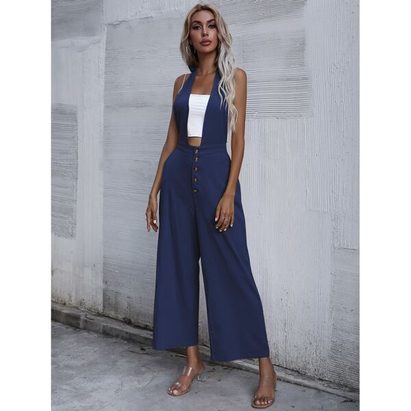 

Plunging Backless Halter Wide Leg Jumpsuit, Navy blue