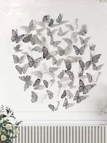48pcs Hollow Paper Wall Sticker, Boho Silver & Gold Color Butterfly Design Creative Self Adhesive 3D Butterfly Wall Decor - Silver - View 1