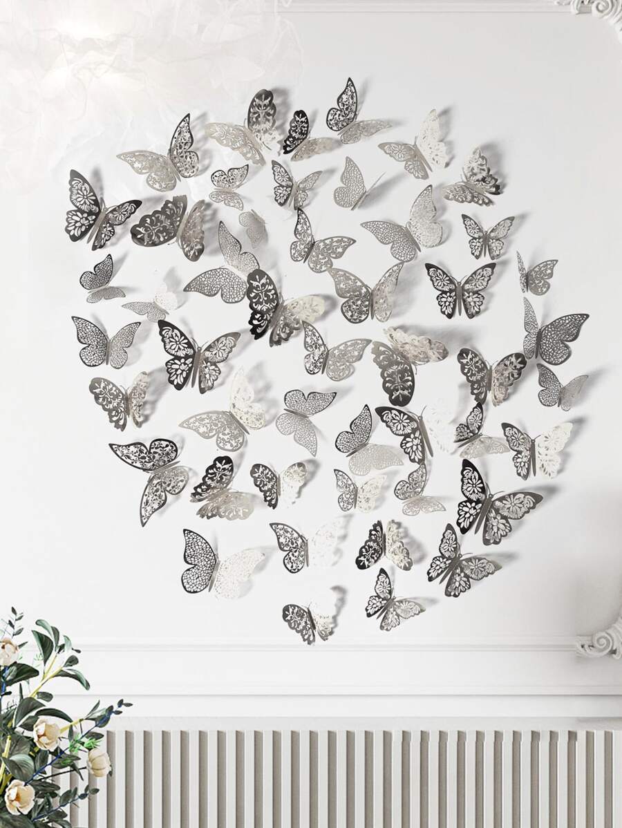 48pcs Hollow Paper Wall Sticker, Boho Silver & Gold Color Butterfly Design Creative Self Adhesive 3D Butterfly Wall Decor - Silver - View 1