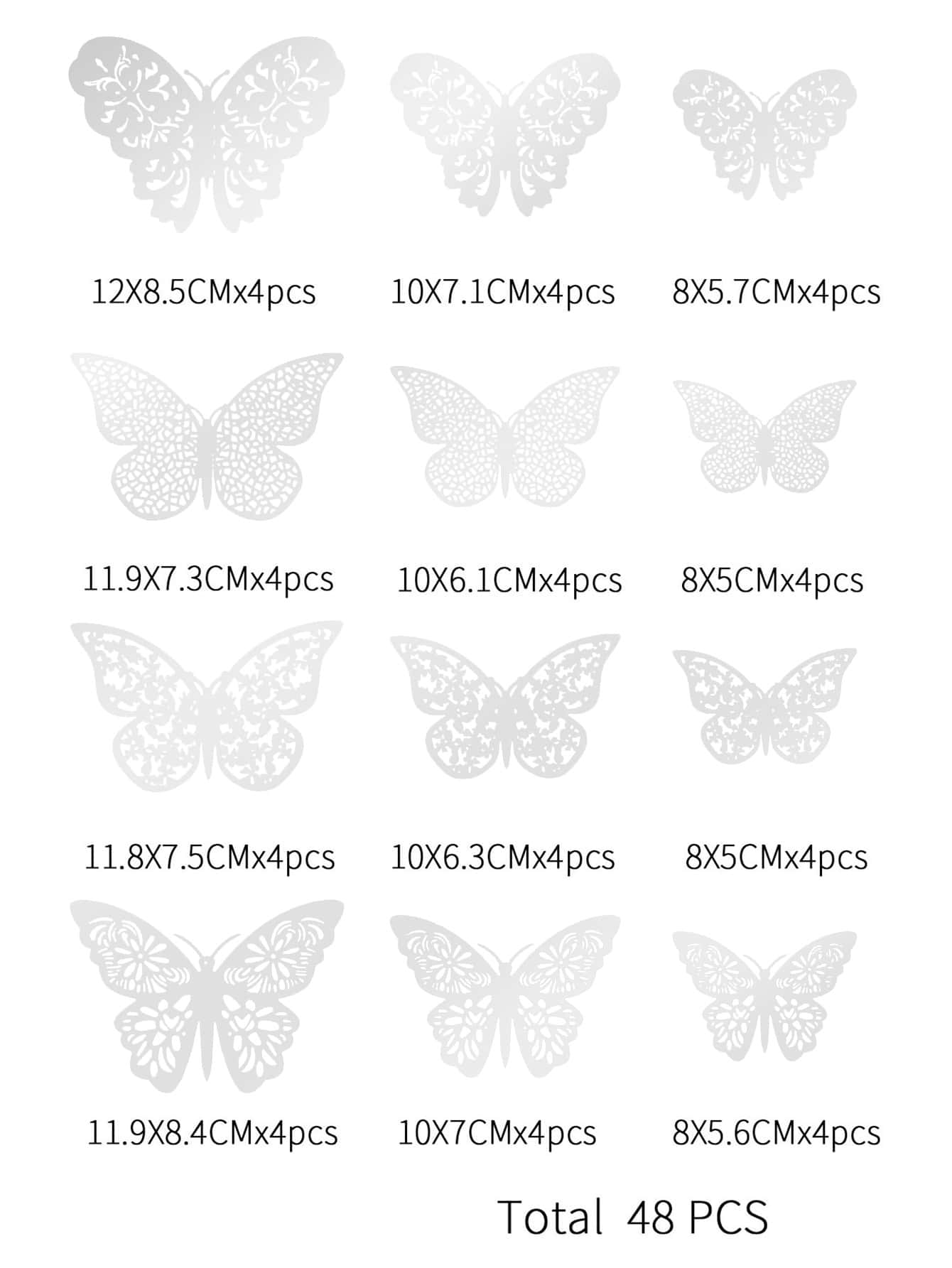 48 יחידות מדבקת קיר מנייר חלול, עיצוב פרפר בצבע כסף וזהב בוהו דביק עצמי יצירתי 3D עיצוב קיר פרפר - כסף - ראה 2