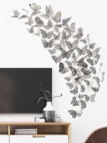 48pcs Hollow Paper Wall Sticker, Boho Silver & Gold Color Butterfly Design Creative Self Adhesive 3D Butterfly Wall Decor - Silver - View 4