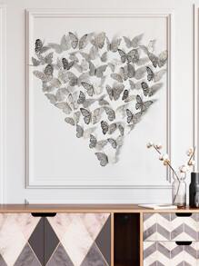 48pcs Hollow Paper Wall Sticker, Boho Silver & Gold Color Butterfly Design Creative Self Adhesive 3D Butterfly Wall Decor - Silver - View 5