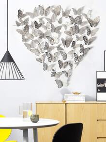 48pcs Hollow Paper Wall Sticker, Boho Silver & Gold Color Butterfly Design Creative Self Adhesive 3D Butterfly Wall Decor - Silver - View 7