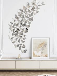 48pcs Hollow Paper Wall Sticker, Boho Silver & Gold Color Butterfly Design Creative Self Adhesive 3D Butterfly Wall Decor - Silver - View 8