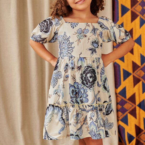 

Toddler Girls 1pc Floral Square Neck Ruffle Hem Dress, Multicolor