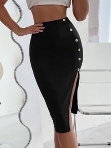 Button Side Split Skirt - Black - View 1