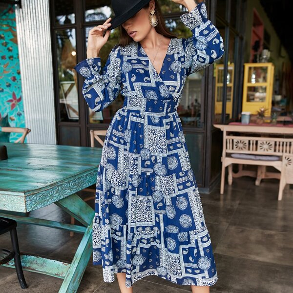 

Paisley & Patchwork Print Surplice Front Shirred Dress, Blue and white
