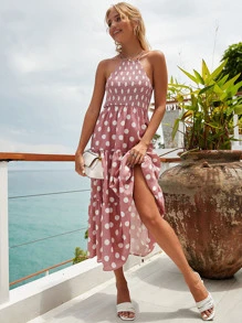 SHEIN Unity 波卡圓點交叉荷葉邊掛脖洋裝 - 粉色 - 查看 1