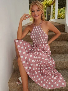 SHEIN Unity 波卡圓點交叉荷葉邊掛脖洋裝 - 粉色 - 查看 5