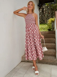 SHEIN Unity 波卡圓點交叉荷葉邊掛脖洋裝 - 粉色 - 查看 6