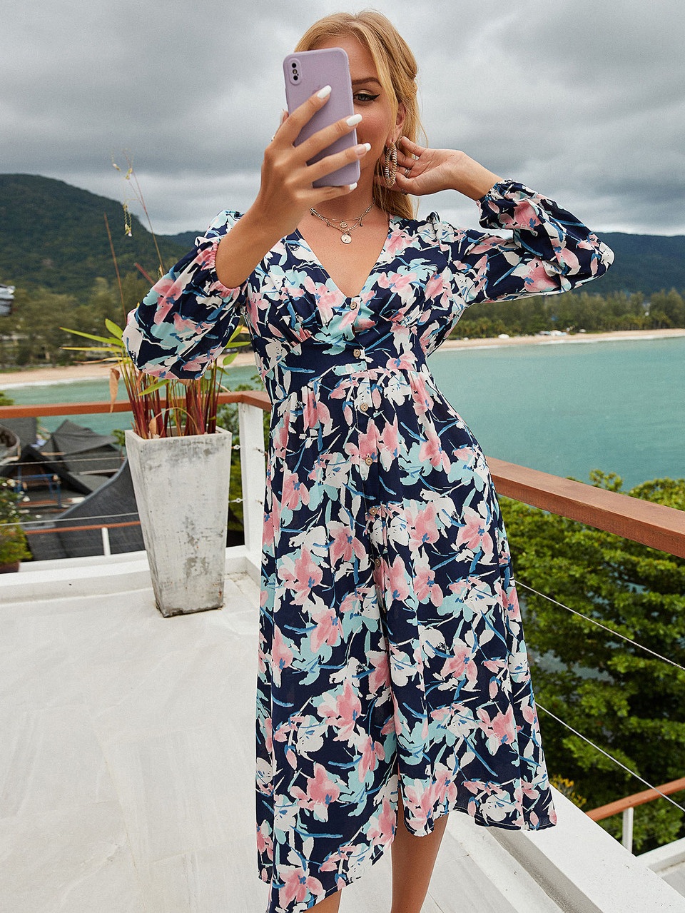 Allover Floral Print V-Neck Dress