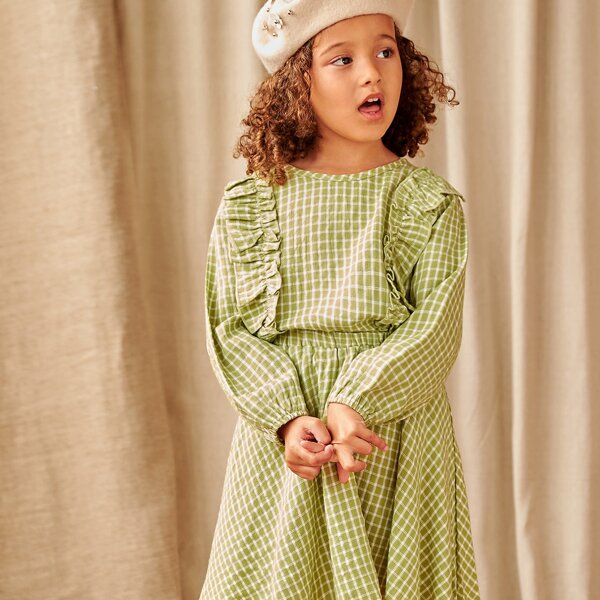 

Toddler Girls Plaid Ruffle Trim Top With Skirt, Green