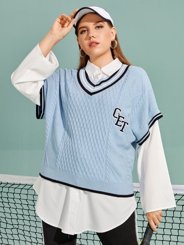 Mulvari Top din tricot cu dungi cu broderie cu litere Plus