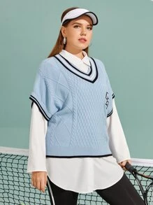 Mulvari Plus Letter Embroidery Striped Trim Knit Top - Baby Blue - View 3